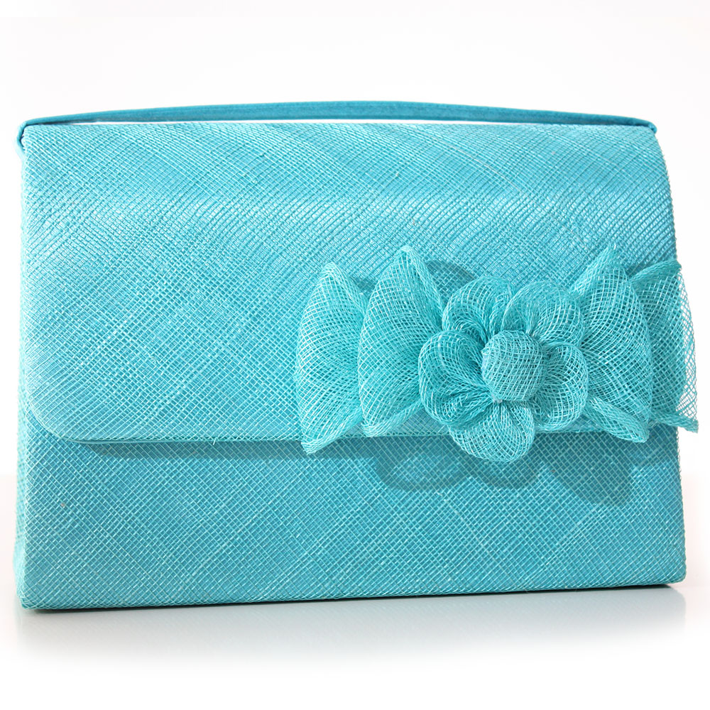 Sac Pochette Mariage Noeud Fleur Bouton Sinamay Ivoire Bleu