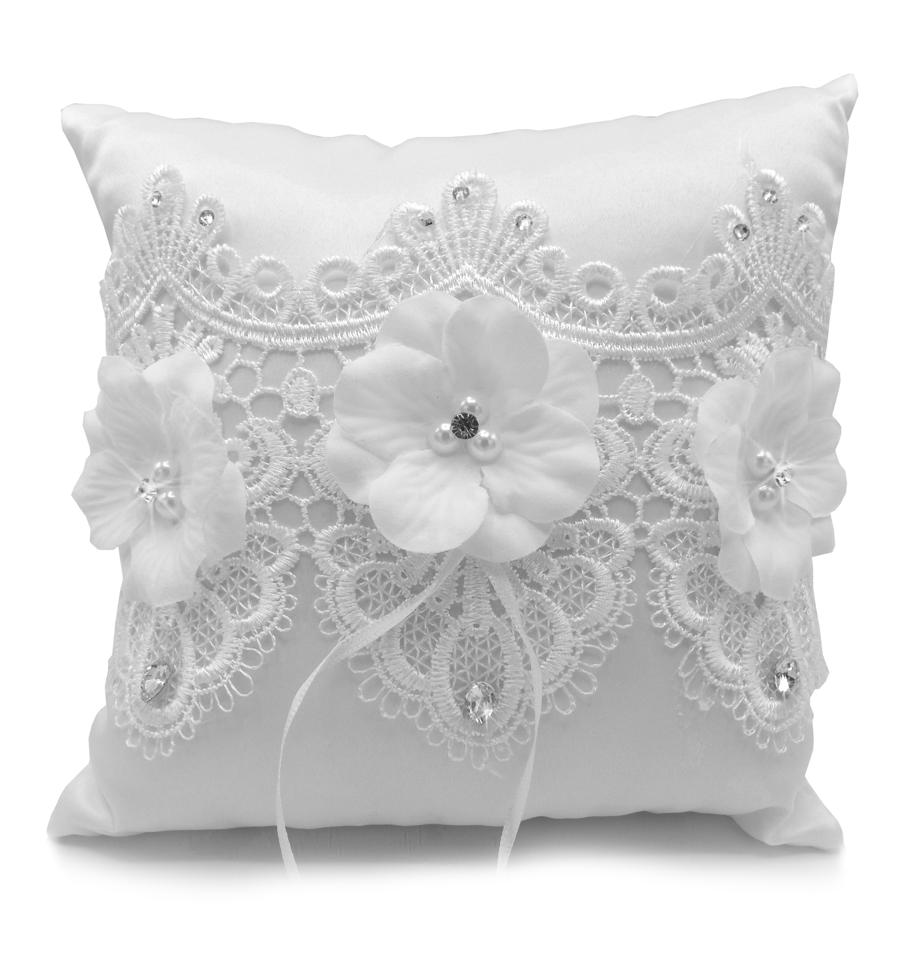 Coussin Mariage Porte Alliances Fleur Ruban Blanc Broderie Strass