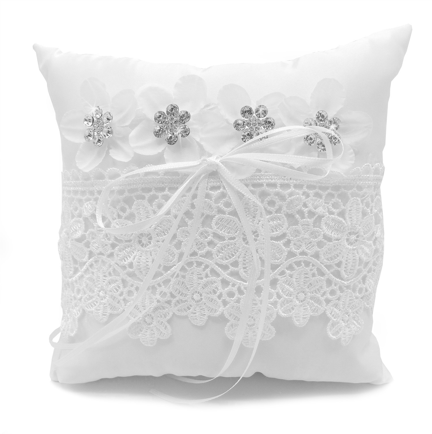 Coussin Mariage Porte Alliances Noeud Ruban Blanc Strass Borderie