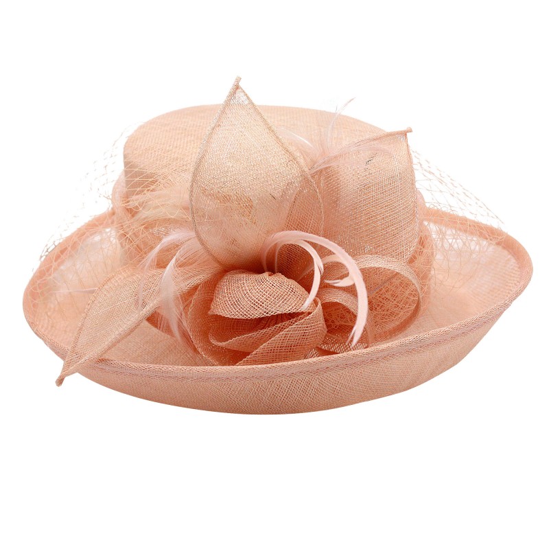 Chapeau Fleur Bouton Voilette Plume Mariage Rose Corail