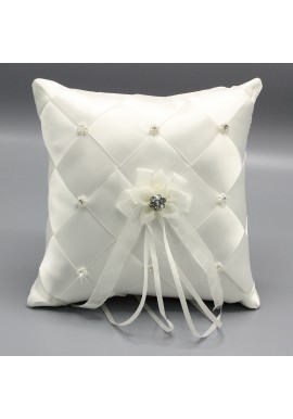 Coussin Mariage Porte Alliances Ruban Fleur Perles Strass Ivoire