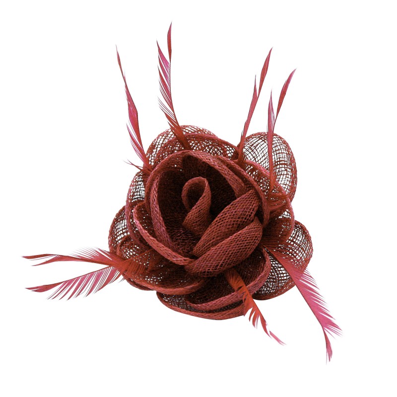 Pince Broche Fleur Plumes Sinamay Mariage Vieux Rose 