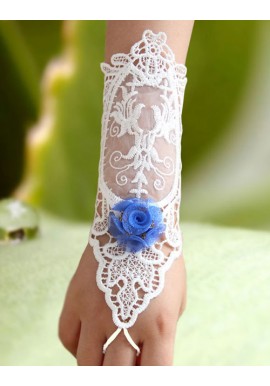 Gants Mitaines Dentelle Cérémonie Mariage Blanc Fleur Bleu