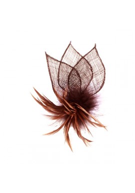 Pince Broche Mariage Pétales Fleur Plumes Sinamay Marron