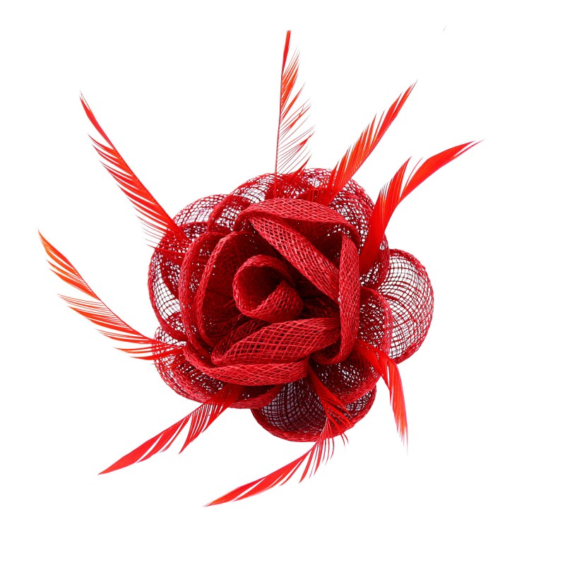 Pince Broche Fleur Plumes Sinamay Mariage Rouge