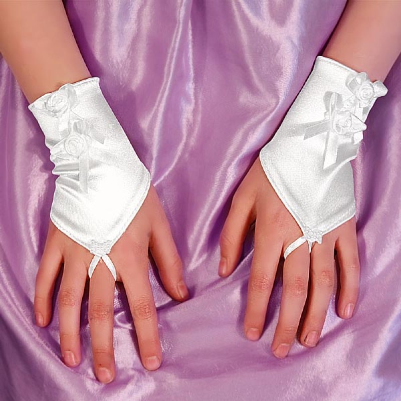 Gants Mitaines Mariage Enfant Communion Courtes Perles Blanc