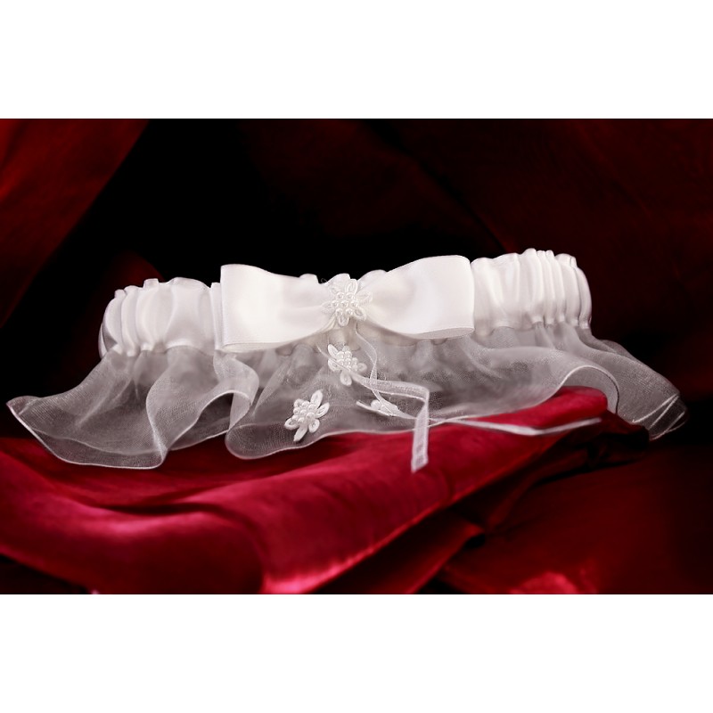 Jarretiere Mariage Dentelle Noeud Perles Ruban Blanc