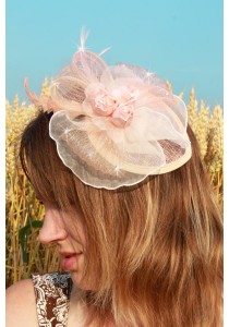 Mini Chapeau Mariage Tulle Plume Fleur Strass Rose Corail