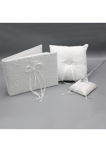 Ensemble Livre d'Or Porte Stylo Coussin Mariage Broderie Noeud Blanc Perles Strass