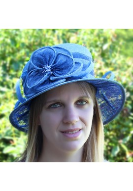 Chapeau Mariage Fleur Ruban Perles Sisal Plume Bleu / Bleu Marine