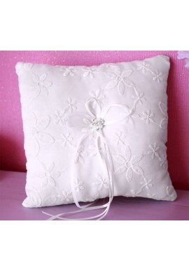 Coussin Mariage Porte Alliances Broderie Noeud Blanc Strass 