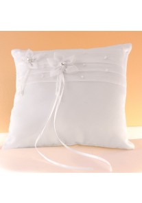 Coussin Mariage Porte Alliances Ruban Fleur Perles Strass (Blanc, Ivoire)