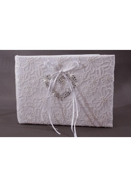 Livre d'Or Mariage Blanc Broderie Fleur Coeur Strass