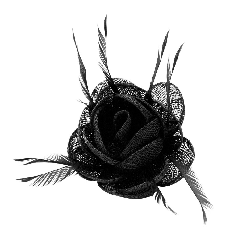 Pince Broche Fleur Plumes Sinamay Mariage Noir