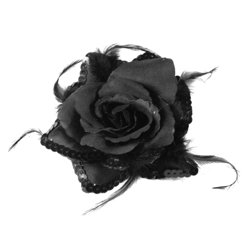 Broche Elastique Mariage Fleur Tissu Scintillante Paillette Noir
