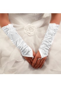 Gants Longs en Satin Bague à Fleur Perles ( Ivoire, Blanc )