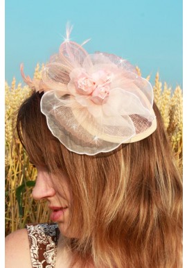 Mini Chapeau Mariage Tulle Plume Fleur Strass Rose Corail