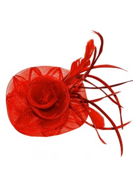 Pince Broche Fleur Tulle Plumes Mariage Rouge