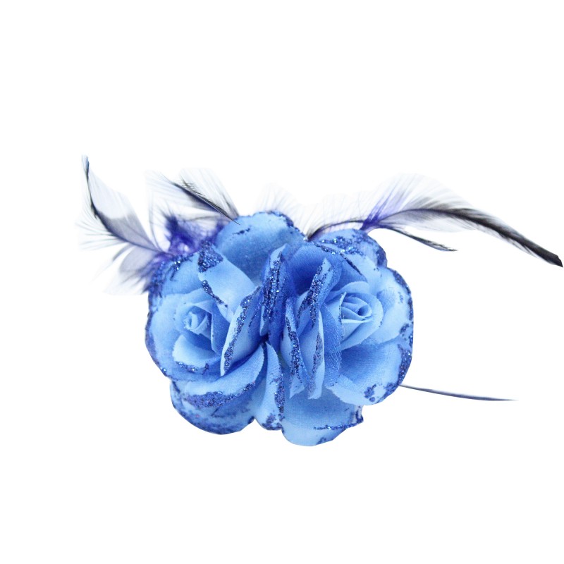 Broche Pince Mariage Double Fleur Tissu Scintillant Bleu Roy