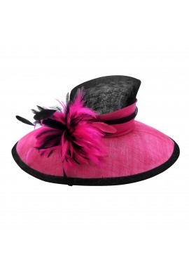 Chapeau Mariage Ceremonie Sisal Plume Rose Fushia / Noir