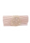 Pochette Mariage Satin Plissé Strass Perles Beige