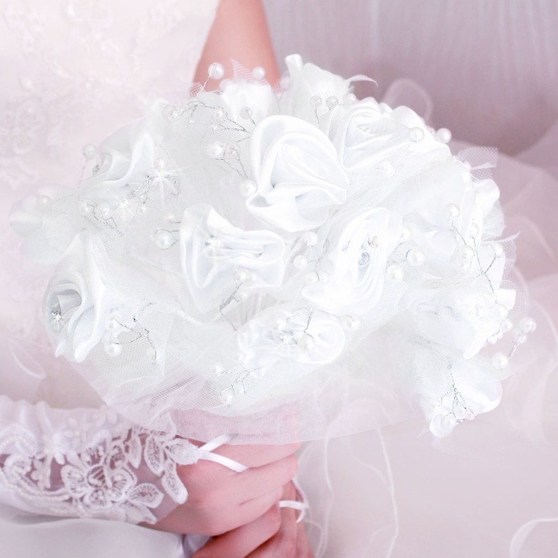 Bouquet Mariée Satin Fleur Perle Strass Tulle Blanc