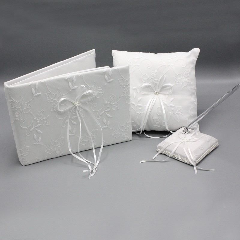 Ensemble Livre d'Or Porte Stylo Coussin Mariage Broderie Noeud Blanc Perles Strass