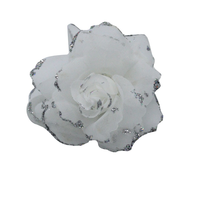 Broche Chouchou Mariage Fleur Tissu Scintillant Blanc