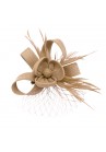 Pince Broche Mariage Voilette Sisal Trèfles Plumes Beige