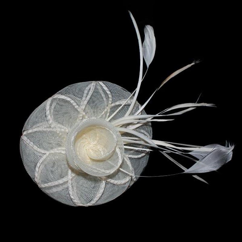Pince Broche Fleur Tulle Plumes Mariage Ivoire