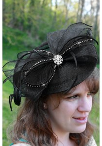 Chapeau Bibi Mariage Noeud Strass Plume Noir