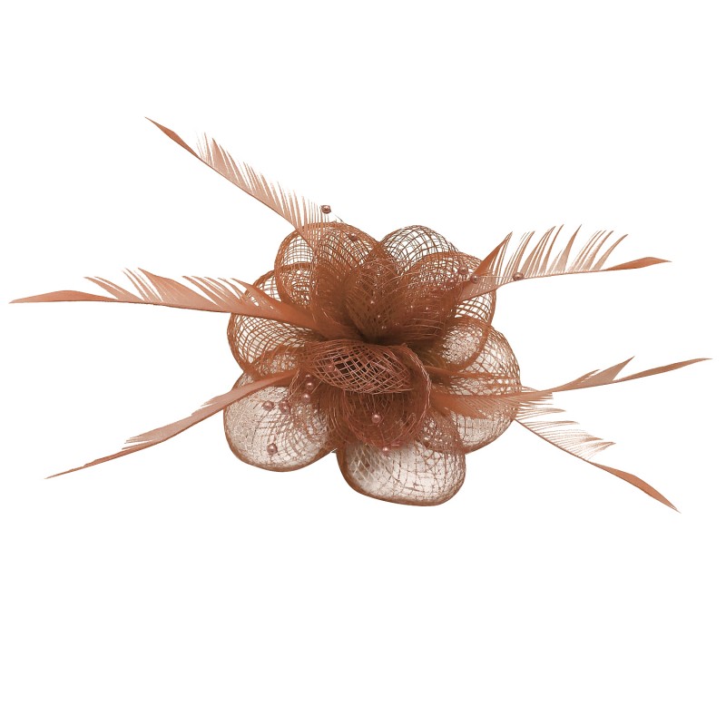Pince Broche Mariage Double Fleur Perles Plumes Rose