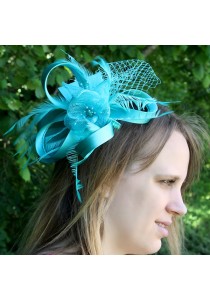 Chapeau Noeud  Bibi Peigne Mariage Plumes Perles Bleu Turquoise