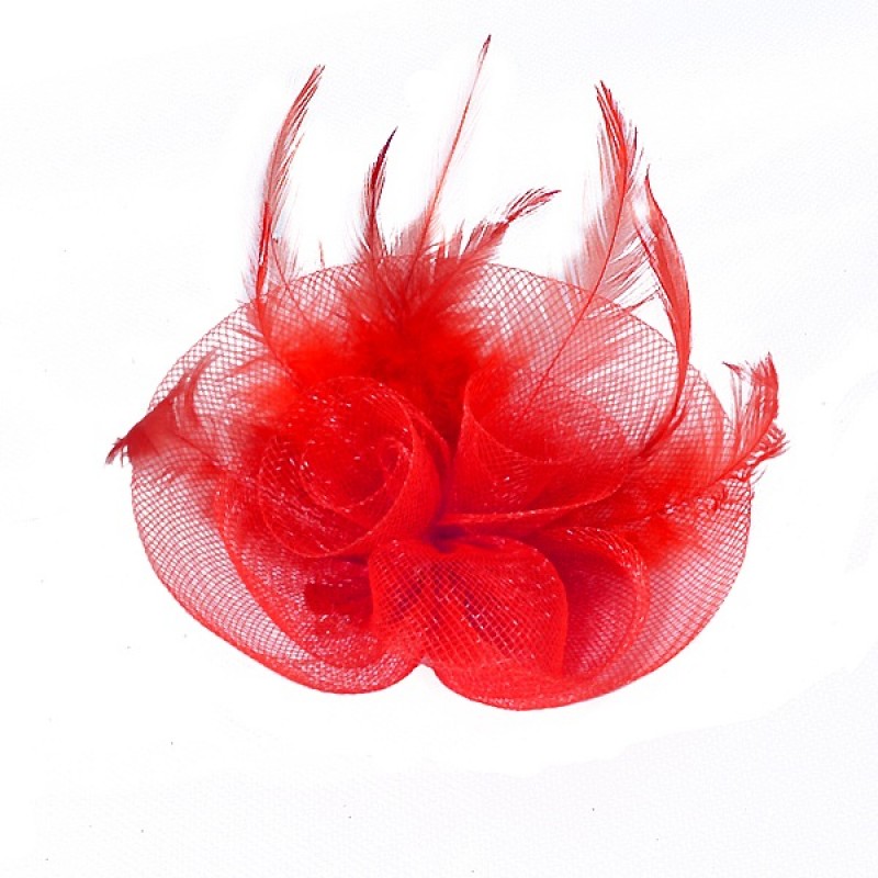 Pince Broche Mariage Fleur Plumes Tulle Rouge