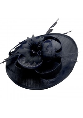 Chapeau Ceremonie Bibi Pince Mariage Fleur Plumes Bleu Marine