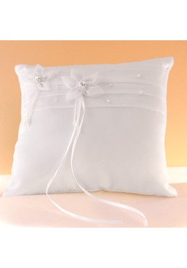 Coussin Mariage Porte Alliances Ruban Fleur Perles Strass Blanc