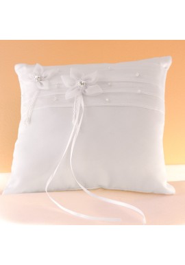 Coussin Mariage Porte Alliances Ruban Fleur Perles Strass Blanc