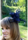 Chapeau Fleur Bibi Peigne Mariage Plumes Sinamay Bleu Marine