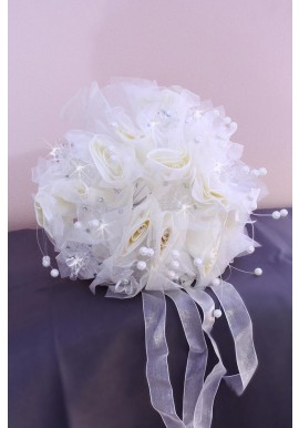 Bouquet de Mariée Rond Fleurs Strass Perles Ivoire