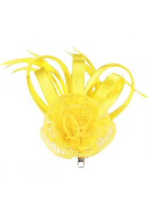 Pince Broche Mariage Fleur Sisal Plumes Rose Satiné Jaune