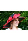 Chapeau Mariage Ceremonie Sisal Plume Noeuds Noir / Rouge