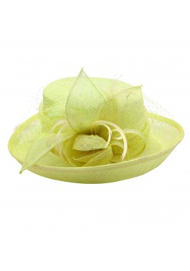 Chapeau Fleur Bouton Voilette Plume Mariage Jaune Vert