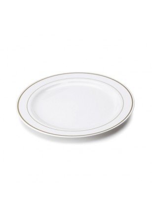  -Assiette plastique rigide blanche liseré or de 26 cm.