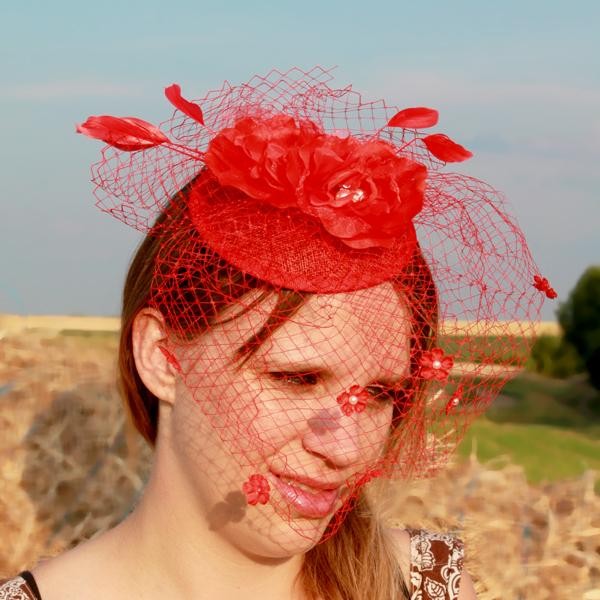 Serre Tête Chapeau Bibi Mariage Voilette Perles Fleur Plumes Rouge
