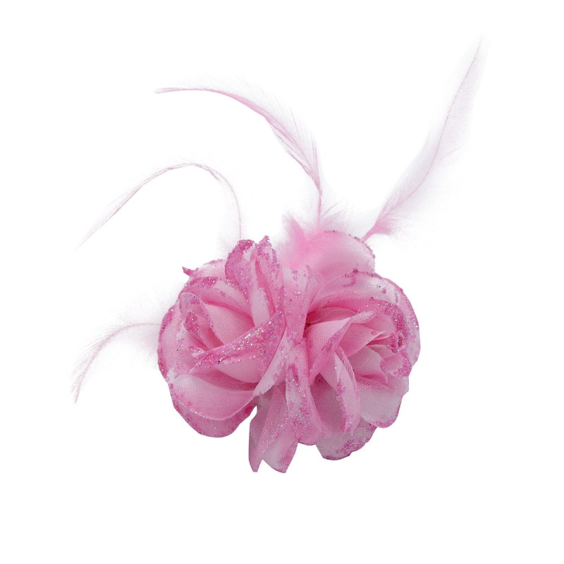 Broche Pince Mariage Double Fleur Tissu Scintillant Rose