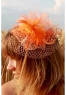 Mini Chapeau Mariage Tulle Plume Filet Strass Orange