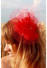 Mini Chapeau Mariage Tulle Plume Filet Strass Rouge