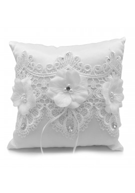 Coussin Mariage Porte Alliances Fleur Ruban Blanc Broderie Strass 