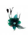 Pince Broche Ceremonie Soirée Mariage Fleur Plumes Strass Bleu Turquoise