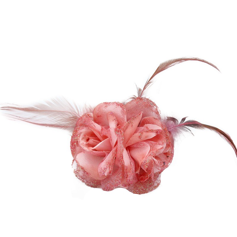 Broche Pince Mariage Double Fleur Tissu Scintillant Rose Corail